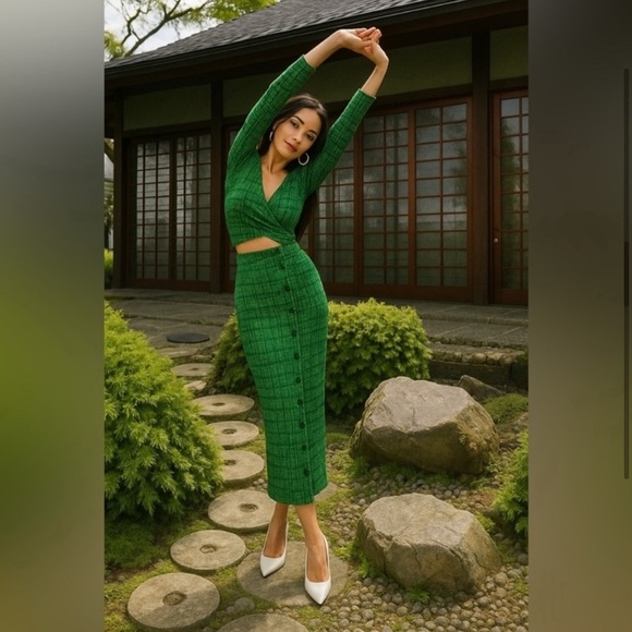 Self-Portrait Buttoned Side-Slit Rib Knitted Midi Skirt in Green - Picture 5 of 12